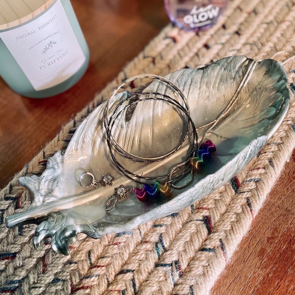 Handmade Olive Resin Feather Jewelry Trinket Dish